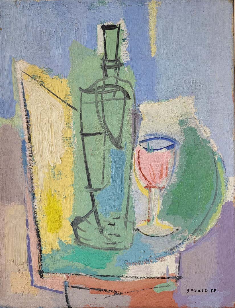 René Gouast bouteille et verre hst 35x27 sbd datée 58