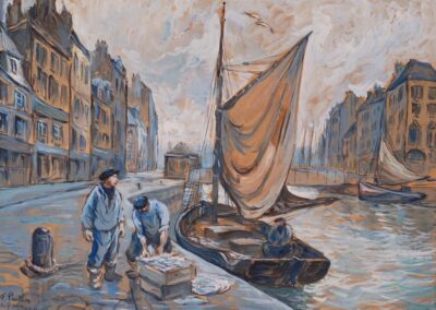 Fred Pailhès (1902 - 1991) pêcheurs, quai Notre-Dame, gouache 49x64