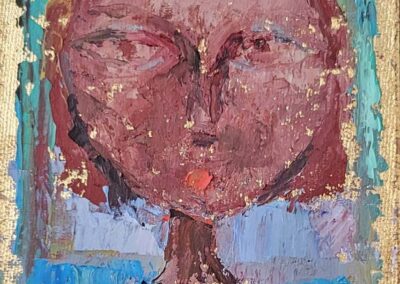 Omar el Nagdi (1931 - 2019) la femme au chemisier noir hst et feuille d'or marouflée sur panneau 25x15 datée 2010