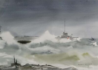 Richard Le Cieux (1921 - 2012) tempête sur la jetée, aquarelle