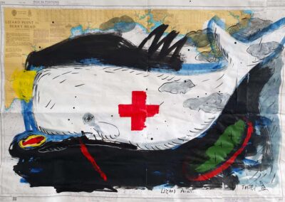 Torelli (né en 1953) La baleine croix rouge acrylique sur carte marine 70x100 datée 2022