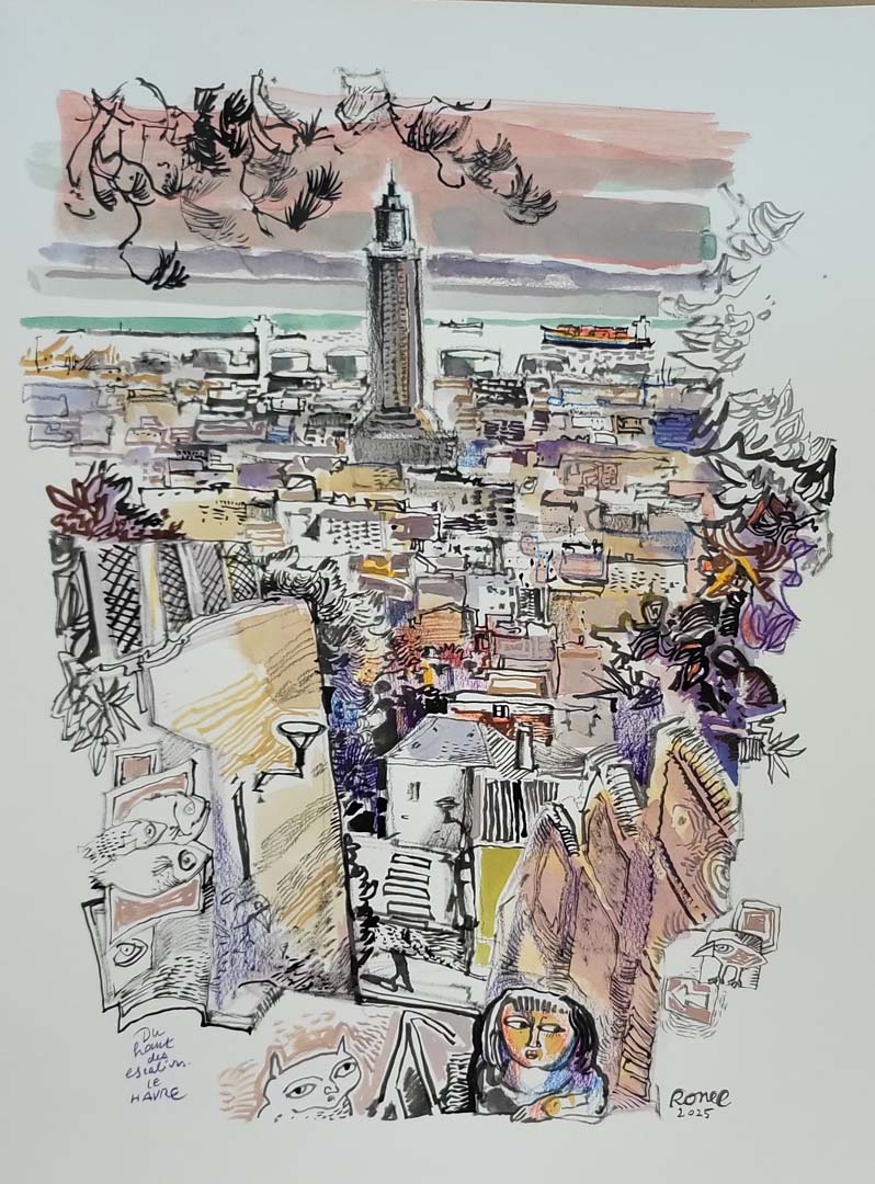 Christophe Ronel (né en 1964) aquarelle 61x46 sbd datée 2025 Du haut des escaliers Le Havre