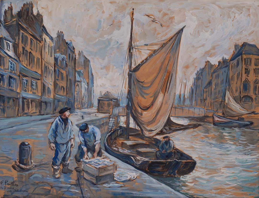 Fred Pailhès pêcheurs, quai Notre-Dame, gouache 49x64 1800€