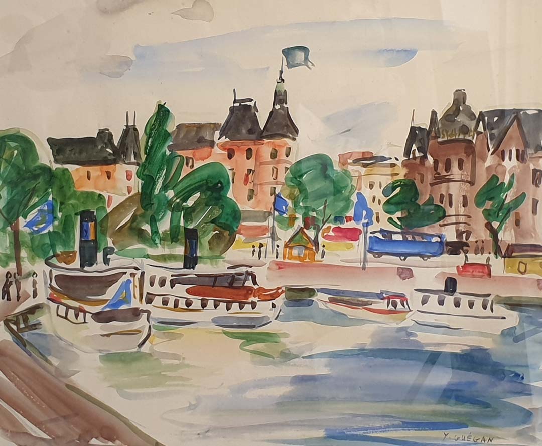 Yvonne Guégan (1915 - 2005) Stockholm aquarelle 36,5x43,5 sbd
