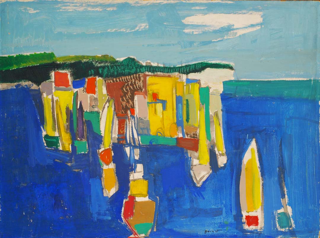EB12 René Gouast (1897-1980) Port aux eaux bleues, Dieppe hsp marouflée sur panneau 54X73 circa 1960
