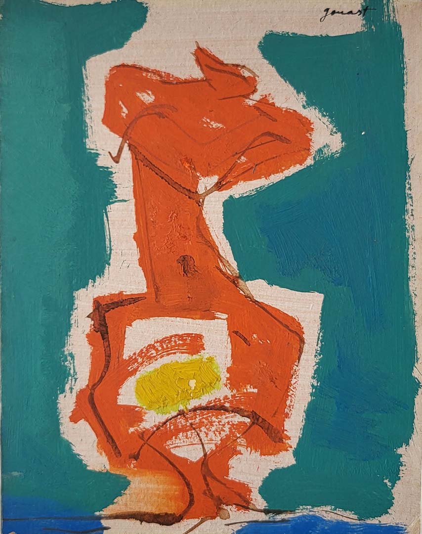 12 EB6 René Gouast (1897-1980) Figure rouge sur fond vert hsc 24x19 datée août 58